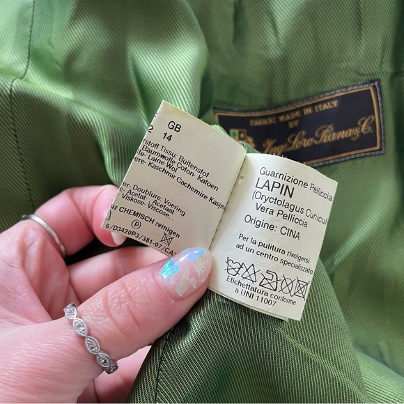 Cinzia Rocca Loro Piana Green Wool Blend Rabbit Fur Collar Toggle Jacket EUC 10 - Picture 11 of 13